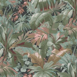 En vacker handmålad tapet med ett prunkande palmmönster och mängder av exotiska växter i olika färger. Just denna version kommer med en lyxig midnattsblå fond